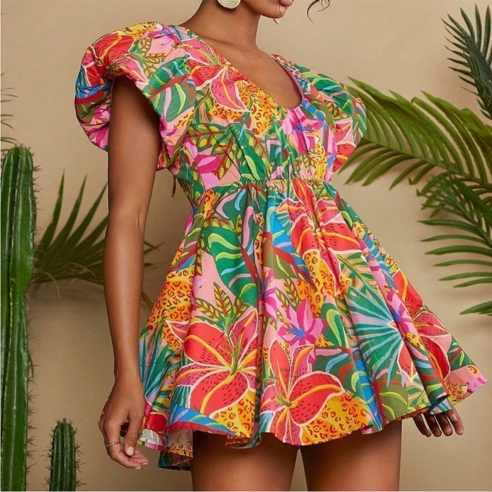 Multicolor Boho Womens Tropical Print Butterfly Sleeve Dress